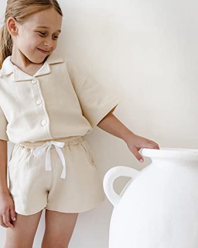 Hoanselay Baby Boy Girl Shorts Set Solid Color Short Sleeve Button Down T-Shirt Top And Shorts Waffle Outfit Clothes Summer(D1-Beige Shorts Set, 18-24 Months) #TOP1