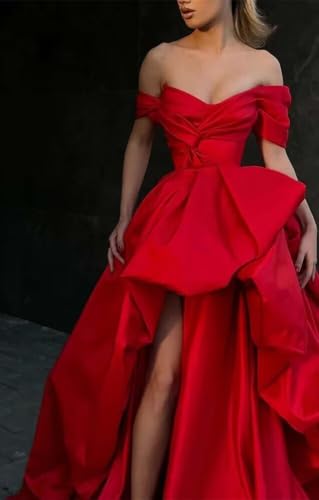 Off Shoulder Satin Prom Ball Gown Long Ruched A Line Fluffy Wedding Formal Evening Party Dress with Slit4