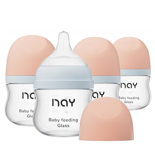 Image of yanyoyo Natural Glass Baby Bottle Wide Neck, Newborn Anti-Colic Baby Bottle, Clear, 3oz(Pack of 4), Includes 4Pcs Slow Flow Nipple(SS), 0 Months+