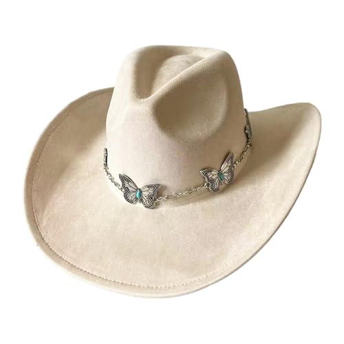 Wide Brims Sueded Fedoras Hat with Butterfly Chain Decors for Fashion Sun Protections Comfortable Cosplay for Parties Western Beige