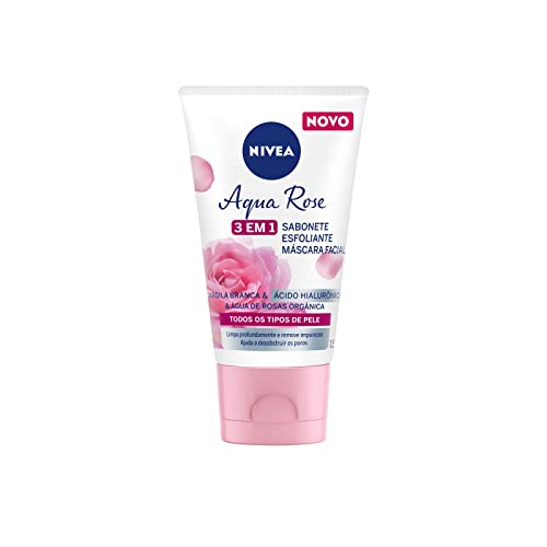 NIVEA Aqua Rose 3 em 1 150ml - Sabonete, Esfoliante e Máscara Facial - Com argila branca, ácido hialurônico e água de rosas orgânica, o sabonete tem benefícios antioxidantes e hidratantes