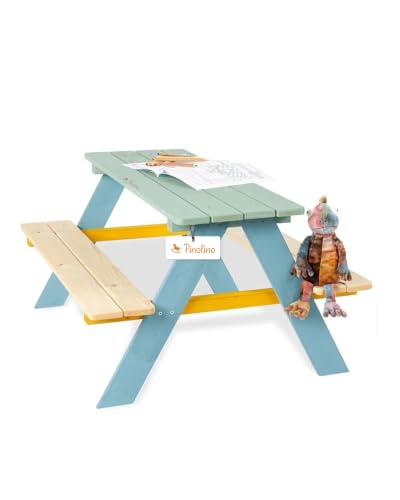 PINOLINO Nicki 4er Kindersitzgruppe aus Massivholz I Bunter Kinder Picknicktisch für Garten & Outdoor I Spieltisch mit abgerundeten Kanten I Robuste Sitzgruppe für 4 Kinder I 90 x 79 x 50 cm