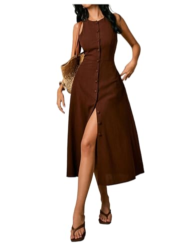 WDIRARA Womens Button Down Sleeveless Midi Dress Crew Neck Tie Back Dressy Tank Dress with Pockets Brown Large