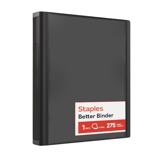 Staples Better 1-Inch D-Ring Binder Black Heavy-Duty 3-Ring Binder for School & Office Organization