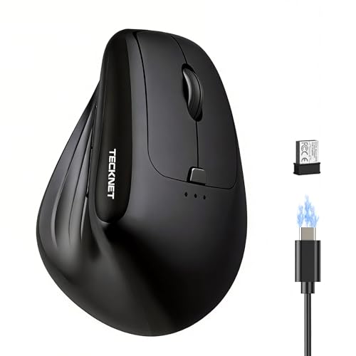 TECKNET Vertikale Ergonomische Kabellos Maus, 2,4 GHz + Bluetooth, Wiederaufladbar Maus mit 4800 DPI, 6 Tasten, 11 RGB-Beleuchtungsmodi, Multi-Device, Kompatibel mit Windows/macOS, Laptop, PC -Schwarz