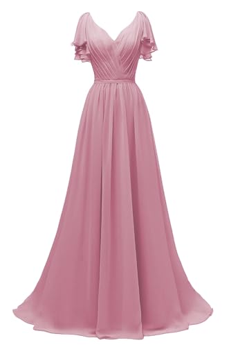 Image of Yexinbridal Ruffle Sleeves Bridesmaid Dresses V-Neck Chiffon Long Formal Wedding Evening Party Gowns for Women