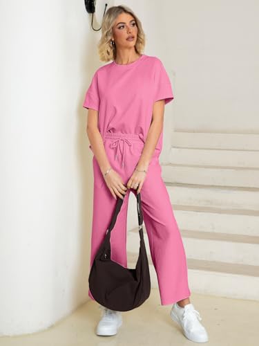 Glamaker Womens 2 Piece Outfits Lounge Sets Short Sleeve Loose Fit Top and Wide Leg Pants Set Sweatsuits Tracksuit3