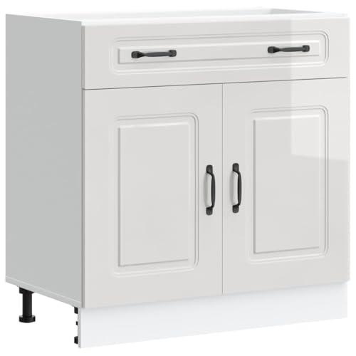 vidaXL Armoire de Cuisine Kalmar Blanc Brillant Bois ingénierie, Meuble Bas d'évier, Meuble Bas de Cuisine avec tiroir, Meuble Bas de Cuisine avec Porte