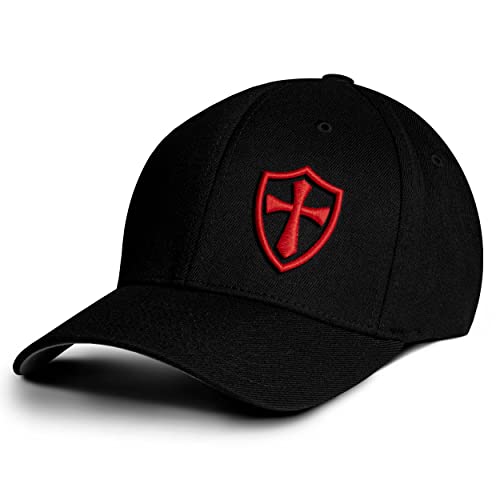 Crusader Baseball Cap for Men, Mid Profile Stretch Fitted, Black Hat with Red, Large/X-Large
