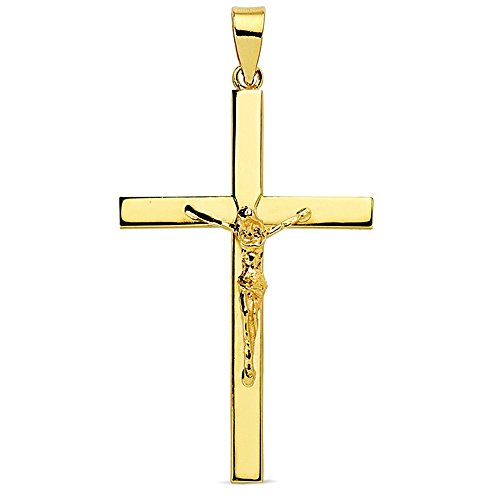Colgante cruz crucifijo oro 18k Cristo 35mm. palo liso plano rectangular unisex