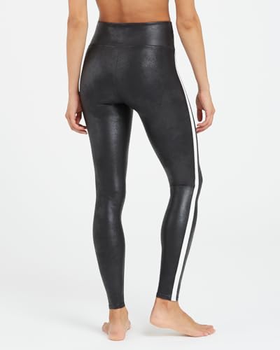 SPANX Legginsy ze sztucznej skóry dla kobiet kontrola brzucha z bocznymi paskami, Bardzo czarny/biały, M