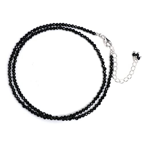 Natural Black Spinel Beaded Gemstone Choker Necklace,Faceted Beads, Birthstone Necklace, Energy Healing Crystal, Gift For Her, 925 Sterling Silver Jewelry 18 Inch (Black Spinel)