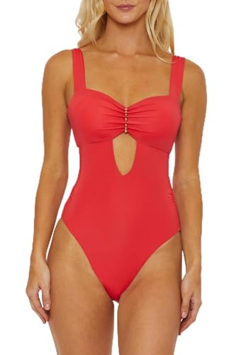 Isabella Rose Womens Standard Belmore Pleated One Piece Swimsuit, Adjustable, Bathing Suits, Crimson