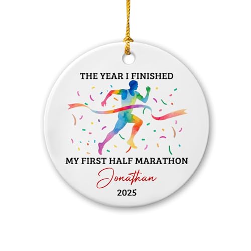 Custom Name/Year Marathon Runner Ceramic Christmas Ornament, The Year I Finished My First Half Marathon Ornament 2025, Personalized Running Xmas Keepsake Ornaments Gift for Runner Athletics Men Women