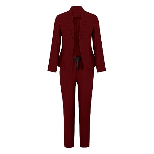 Blazer Sets Women 2 Piece Outfits Business Casual Outfits 2024 Dressy Casual Pant Suits Plus Size Wide Pants (Wine, XXL)4