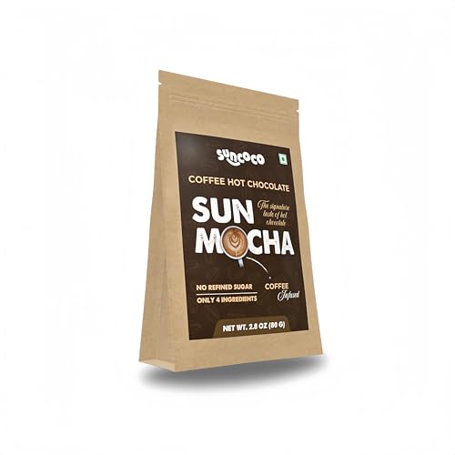 Image of SUNCOCO - Hot Chocolate Powder Mix, Coffee Infused- 5 sachet Box | 45% Luxe Cocoa | No Refined Sugar | Enjoy Hot or Cold | Healthy Growth & Antioxidant Rich | 100 grams (Sun Mocha)
