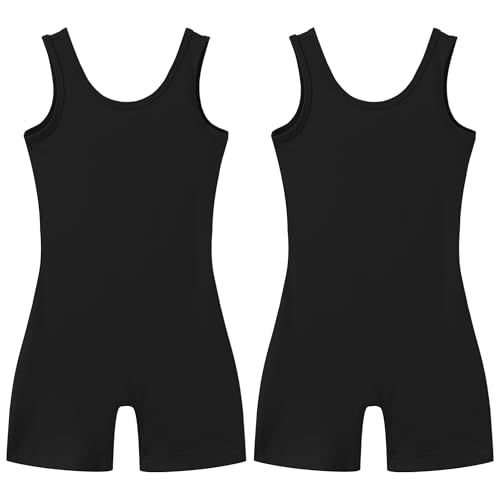 LUOUSE 2 Pack Skinny Girls Gymnastics Leotards Toddler Scoop Neck With Shorts, Little Kids Slim Dancewear Workoutwear Unitards Biketards Black 10-11 Years