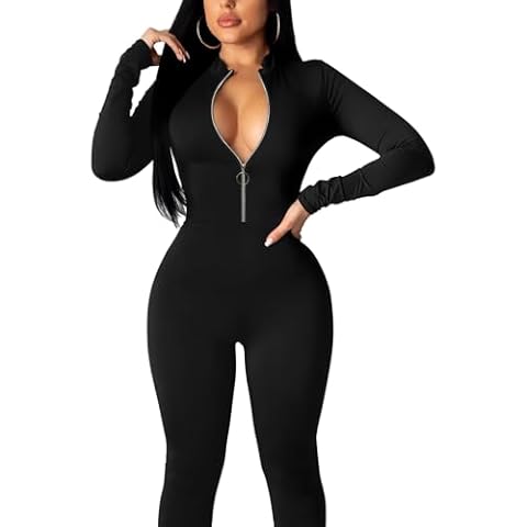 GOBLES Women's Sexy Long Sleeve Front Zipper Mock Neck Bodycon Jumpsuit Rompers Black Cover