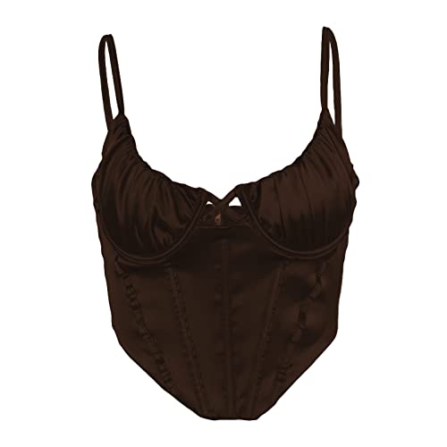 Iszplush Women’s Corset Bustier Crop Top Sexy Sleeeveless Backless Spaghetti Strap Zip Back Club Party Y2K Streetwear Tank Cami Tops (As1, Alpha, X_S, Regular, Regular, Brown) #TOP5