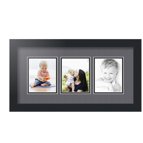 ArtToFrames Collage Picture Frame 3 Opening 3-4x5 Photo Frame | Made in USA | Black Frame Mountain Grey and Black Mats | Wall Mount Multi Photo Display 20X11 Full Size