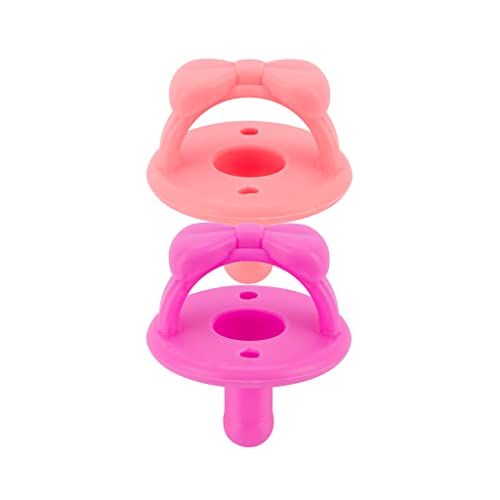 Image of Itzy Ritzy Silicone Pacifiers for Newborn - Sweetie Soother Pacifiers Feature Collapsible Handle & Two Air Holes for Added Safety; for Ages Newborn and Up, Set of 2 in Guava & Dragon Fruit