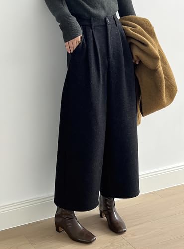 chouyatou Women's Fall Winter Wool Culottes Cropped Pants Elastic High Waisted Loose Wide Leg Palazzo2