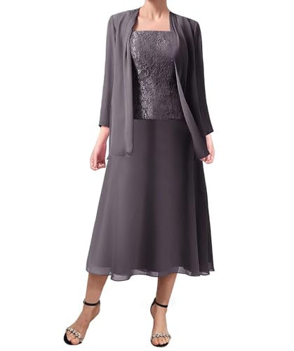 3 piezas de vestidos para madre de la novia, vestidos de noche formales de gasa con chaquetas de manga larga, gris, 7XL Grande