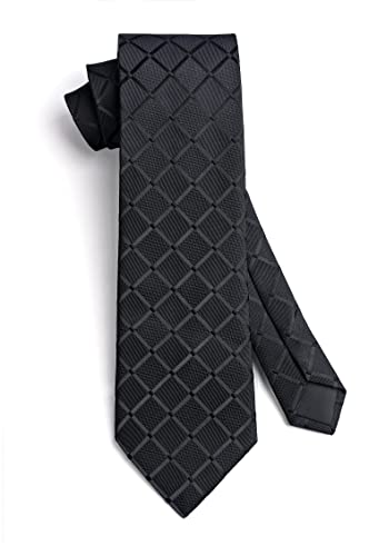 Hisdern Plaid Black Tie Handkerchief Woven Classic Stripe Men's Necktie & Pocket Square Set,Black,One Size #TOP6
