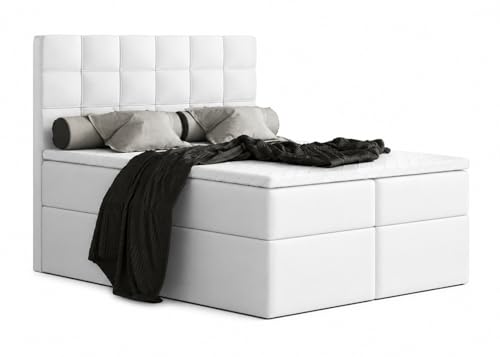 Generisch Boxspringbett MERA mit Bettkasten und Topper, Bonellfederkern Matratze H3, Doppelbett mit Stauraum, Polsterbett Schlafzimmer (Weiß - Madryt 120, 140 x 200)