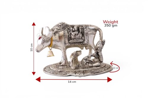Image of KridayKraft Kamdhenu Cow and Calf with Krishna Idol, Silver-Plated Decorative Showpiece for Home Decor and Gift, 14 x 11 cm X 10 cm, 350 g