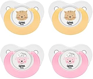 Wee Baby (4-Pack) Baby Dummies | Animal Designs Teething Dummy with Orthodontic Silicone Teat for Healthy Teeth | Newborn Dummies with Air Holes to Prevent Irritation | BPA Free Baby Dummy Multipack