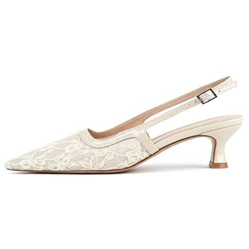 Image of KysBloes Pointed Toe Slingback Kitten Heels for Women Low Heel Pointed Toe Pumps Formal Dress Shoes Sling Back Heels