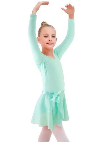 Image of EQSJIU Ballet Leotards for Girls with Removable Skirt Combo Tie Ruffle Sleeve Outfit