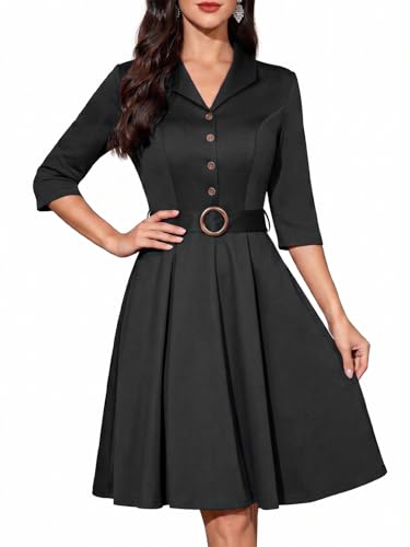 Image of Fynadressr Women’s Vintage Lapel Collar Midi Tea Church Cocktail Funeral Dress 3/4 Sleeve Fit and Flare Work Office Dress with Detachable Belt Formal Wedding Guest Graduation Dress Black M