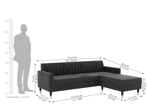 Image of Wooden L Shape Sofa 4 Seater with Ottoman | Velvet Fabric Upholstery | Modern Sectional Wooden Frame Couch for Living Room, Home & Office (Grey)