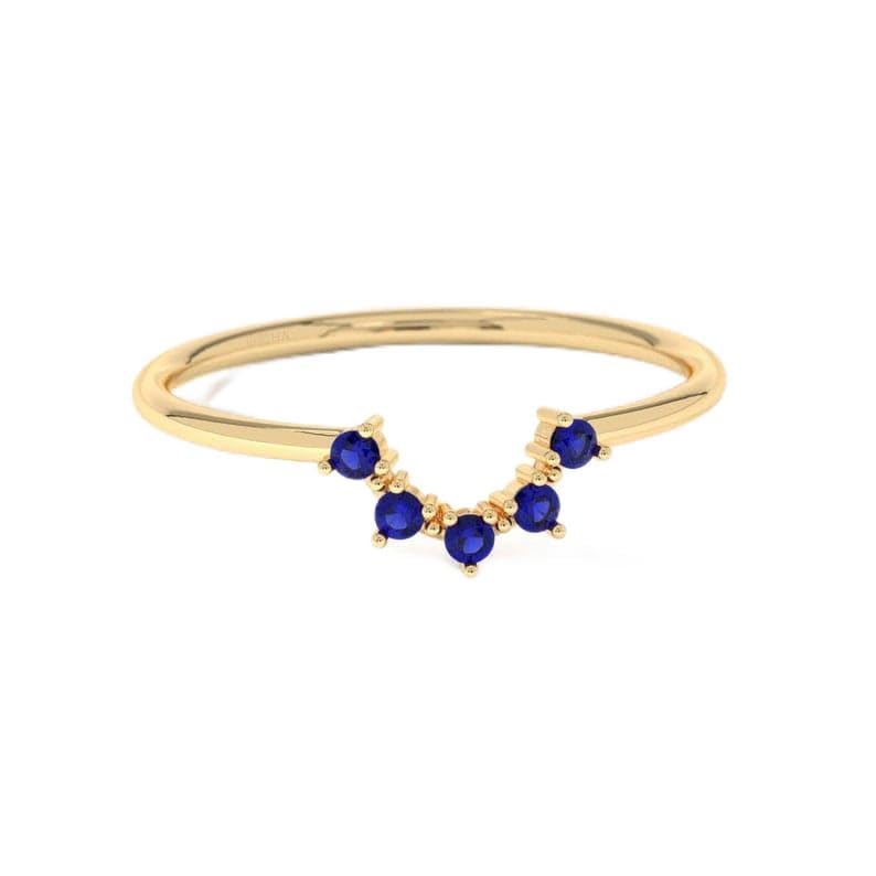 V Shaped Sapphire Engagement Ring 14K Solid Gold Chevron Band, Multi Birthstone Curved Wedding Band Women, Five Blue Wishbone Ring - GJH193