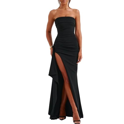 Women's Backless High Split Strapless Prom Formal Dress,Black