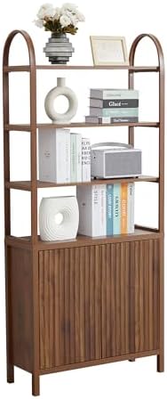 71” Tall Arched Bookshelf Storage with Fluted Doors, Mid Century ...