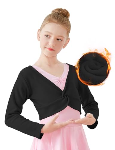 Daydance Black Girls Ballet Wrap Tops Fleeced Cropped Dance Shrug Sweaters for Leotards