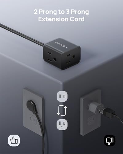 Image of TROND 2 Prong to 3 Prong Extension Cord 1.5ft, Polarized Flat Plug, 3 AC | Low Profile for Behind Furniture, 13A /1625W for Non-ground Socket in Indoor Old House Home Office Kitchen Tight Space, Black
