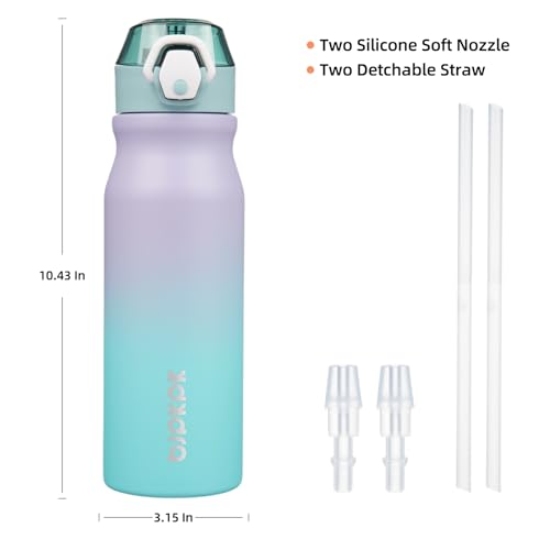 Image of BJPKPK 25 oz Insulated Water Bottle, Straw, Handle, Stainless Steel Flask | Leak Proof Locking Lid, Thermal, Double Wall Vacuum, Keeps Hot /Cold, Dishwasher Safe, Travel & Sports, Lavender Green