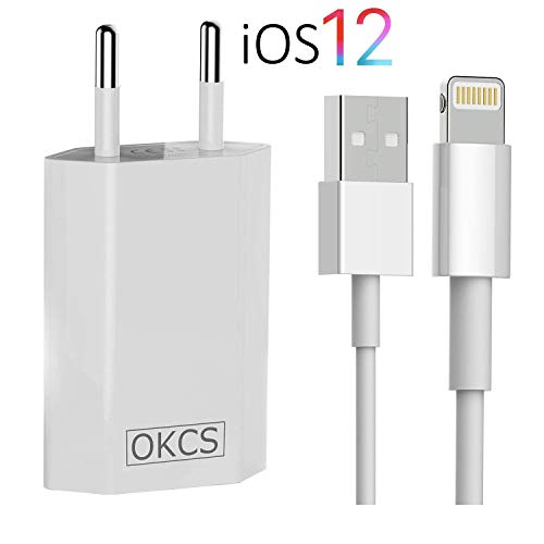 OKCS Ladeset [USB Ladekabel 1 Meter mit 1A Netzteil] 1 Meter kompatibel für iPhone XS, XR, XR Max, X, 8, 8 Plus, 7, 7 Plus, iPad 4, Pro, Mini, 2 etc. - Weiß
