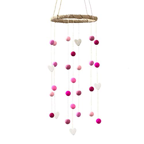 Felt Ball and Heart Nursery Ceiling Mobile- Shades of Pink and White- Children's Room Ceiling Decor- Nursery Girl Baby Shower Gift- Handmade - 100% Wool Felt Shapes
