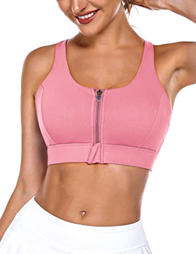 Sports Bra For Women Front Zip Yoga Tops Built In Bra Criss-Cross Back Sport Bra Tank Top With High Impact Support(Pinkl) Large #TOP3
