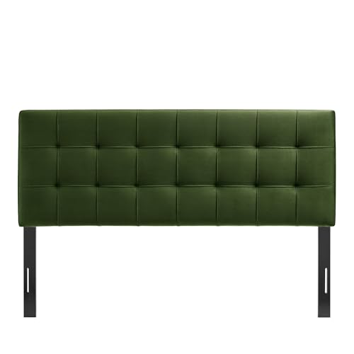 Image of Modway Lily Performance Velvet Queen Size Headboard with Biscuit Tufting in Moss Green - Stain-Resistant Upholstery with Padded Design and 5 Height-Adjustable Mounts