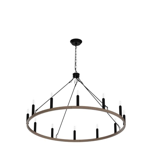 Image of 12-Lights Brown Wagon Wheel Chandelier Industrial Hanging Light Fixture for Dining Room Farmhouse Round Chandeliers for Living Room Foyer Hallway Kitchen Island Entryway
