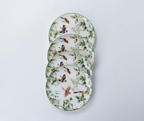 Image of GOLDEN QUEEN'S Snack Plates Set of 4 | Perfect for Snacks, Desserts, Appetizers, Salads, Tapas, Cheese | 7 inches Wide | Microwave Safe (Birds & Green Floral)