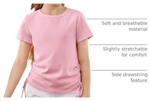 Image of Imily Bela Girls Tees Shirts Cute Crew Neck Short Sleeve Side Drawstring Solid Tops Kids Children Summer Clothes