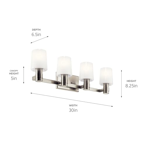 Image of Kichler Adani 4-Light Bathroom Vanity Light Fixture, Modern Wall Mount Lighting with Opal Glass in Brushed Nickel for Over Mirror Installation (8.25 inch x 30 inch), 55177NI