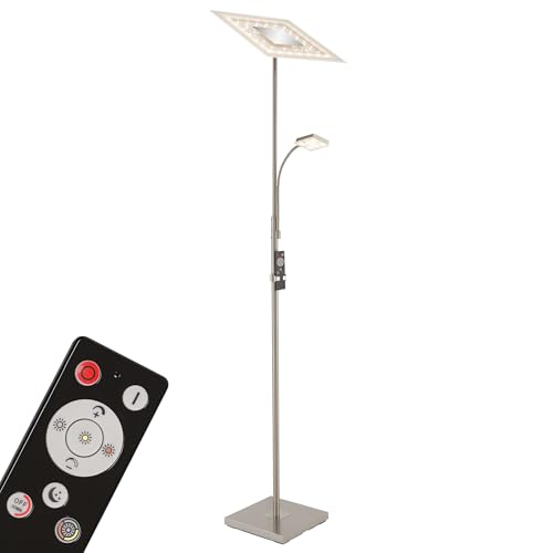 Briloner Leuchten - LED Stehleuchte, Stehlampe mit Lesearm, Stufenlos Dimmbar mit Fernbedienung, Metall, 28W, 2500 lm, Matt-Nickel, Höhe: 180 cm